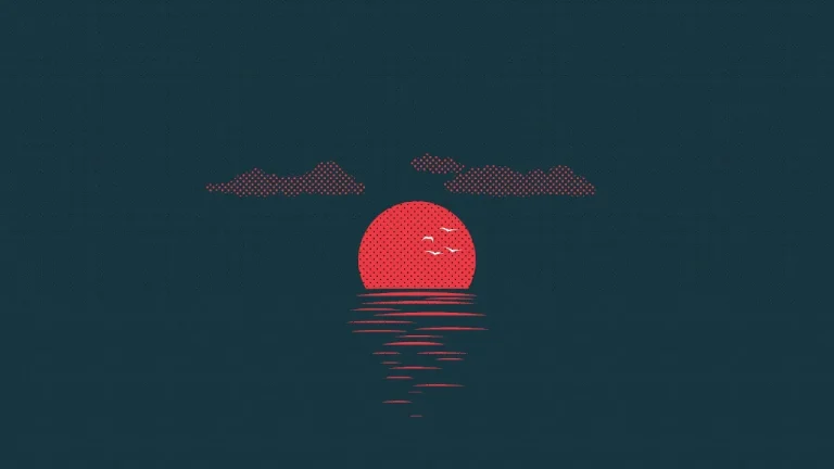复古点阵风落日海面极简艺术插画