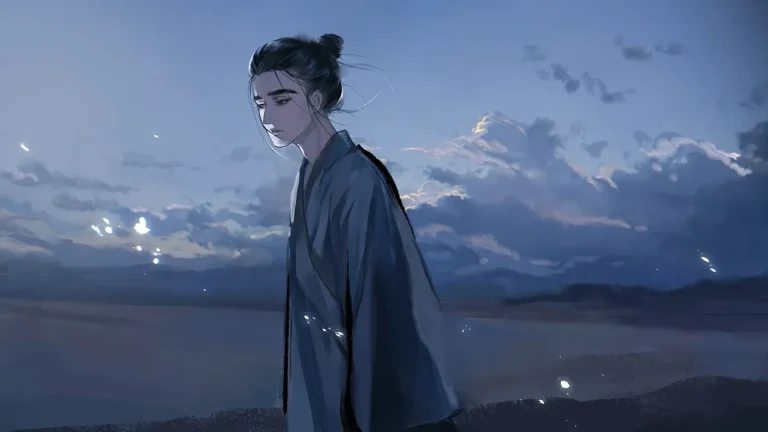 暮色江湖古风少年远山云海孤寂意境绘画4K电脑壁纸