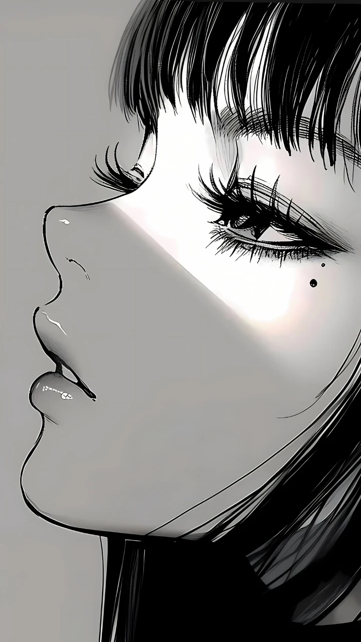 黑白漫画侧脸泪痣御姐高级素描特写