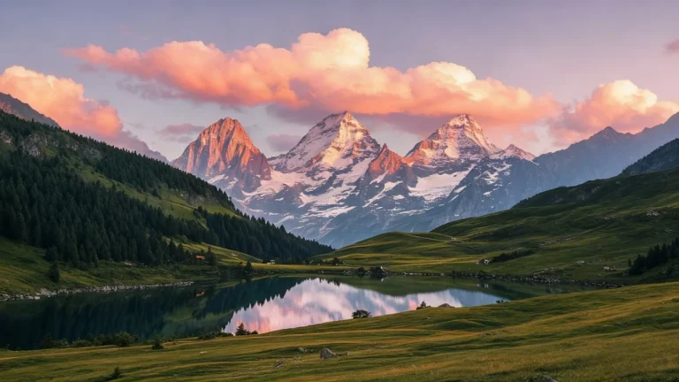 日照金山晚霞云彩雪山湖面倒影风景