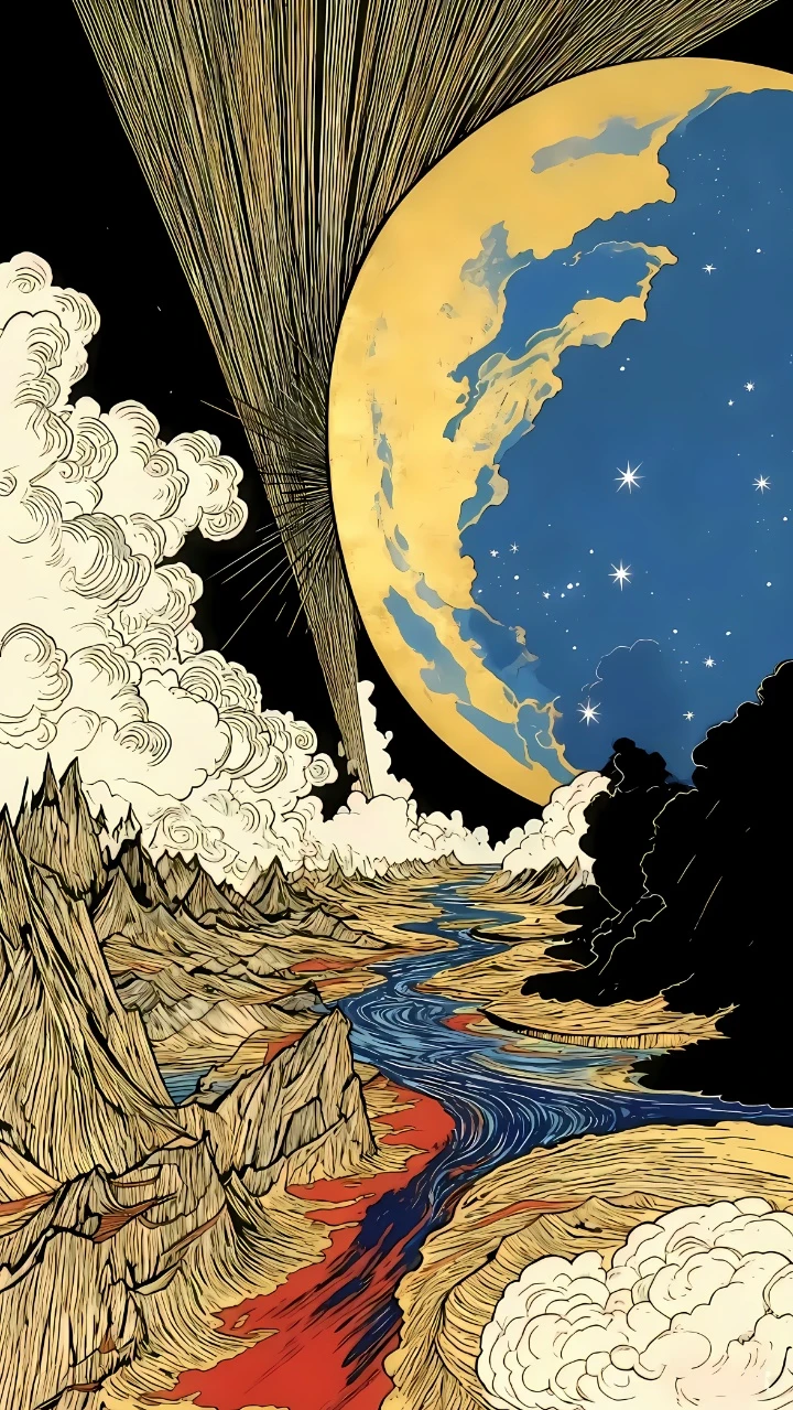 巨月铜版画风山河云海玄幻抽象艺术风景