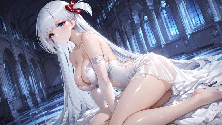 白发红蝴蝶结古堡白衣少女
