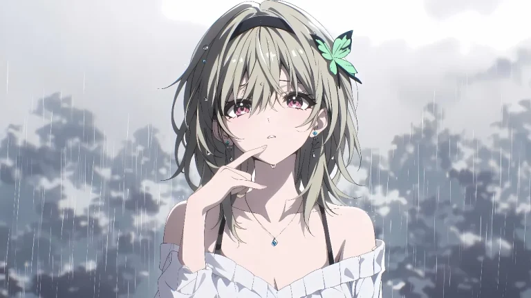 细雨之中蝴蝶发饰忧郁二次元少女4K电脑壁纸