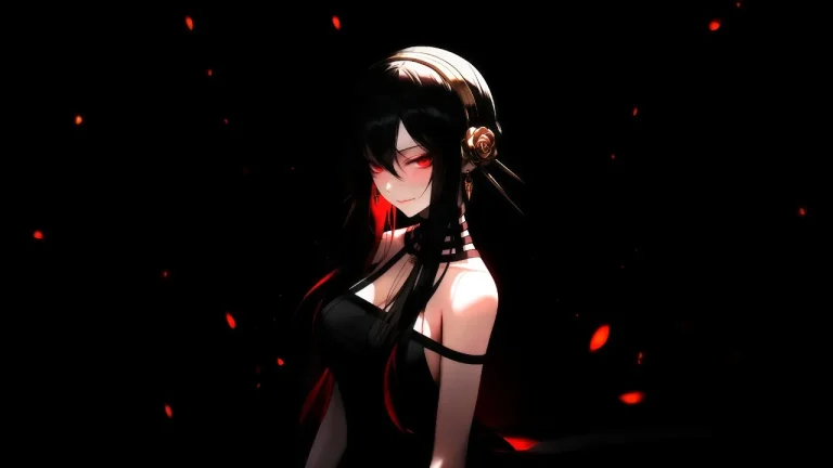 暗夜黑发红瞳少女玫瑰配饰氛围感插画4K电脑壁纸