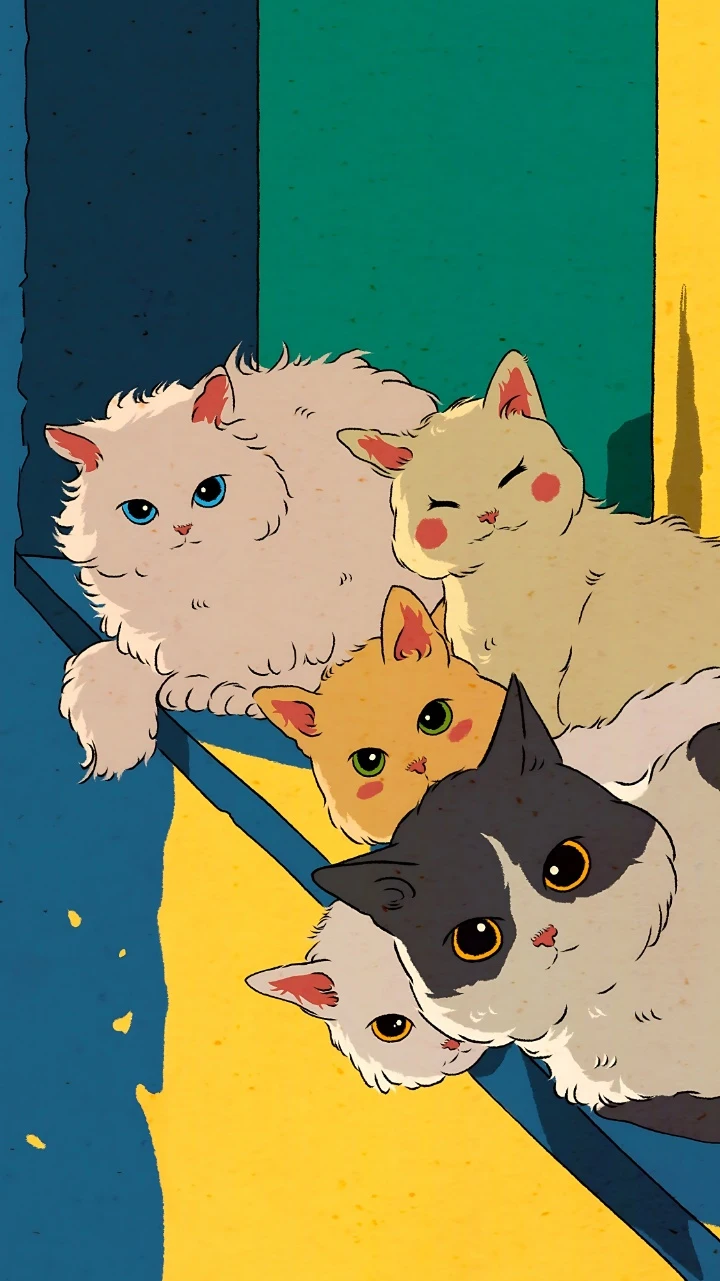 多彩色块卡通软萌猫咪治愈插画