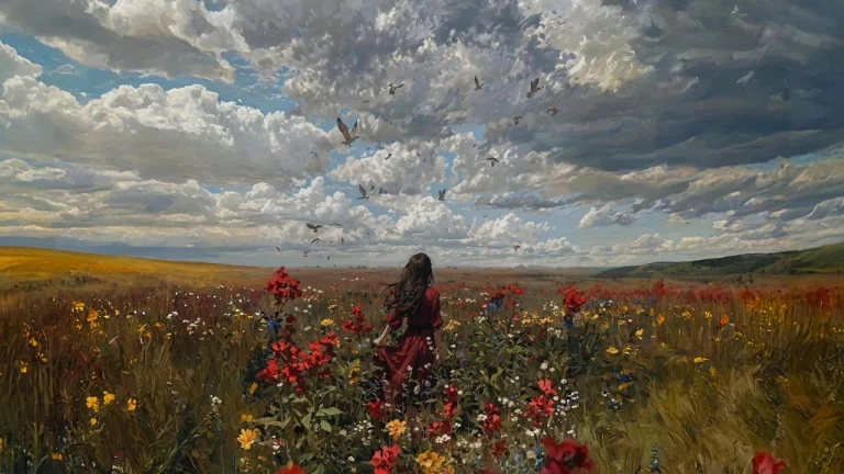 红裙少女仰望飞鸟油画质感繁花原野