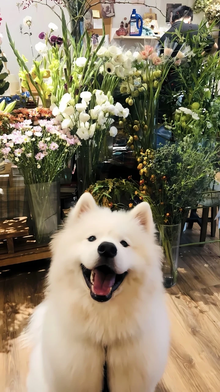 花店可爱萨摩耶治愈笑脸萌宠