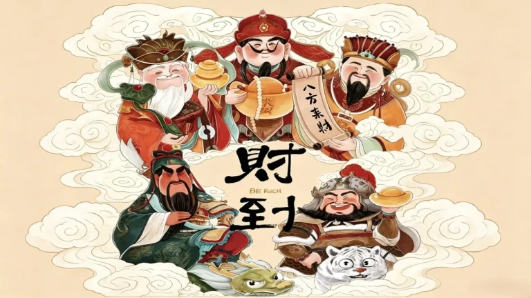 五路财神财到八方来财国风喜庆插画