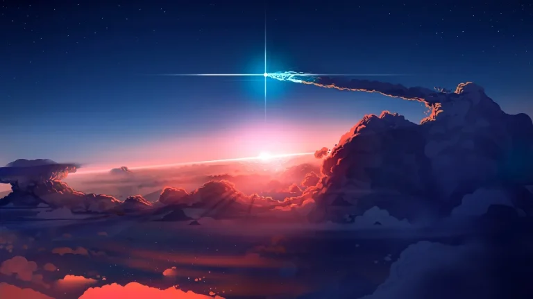 云海落日流星划过唯美动漫天空场景4K电脑壁纸