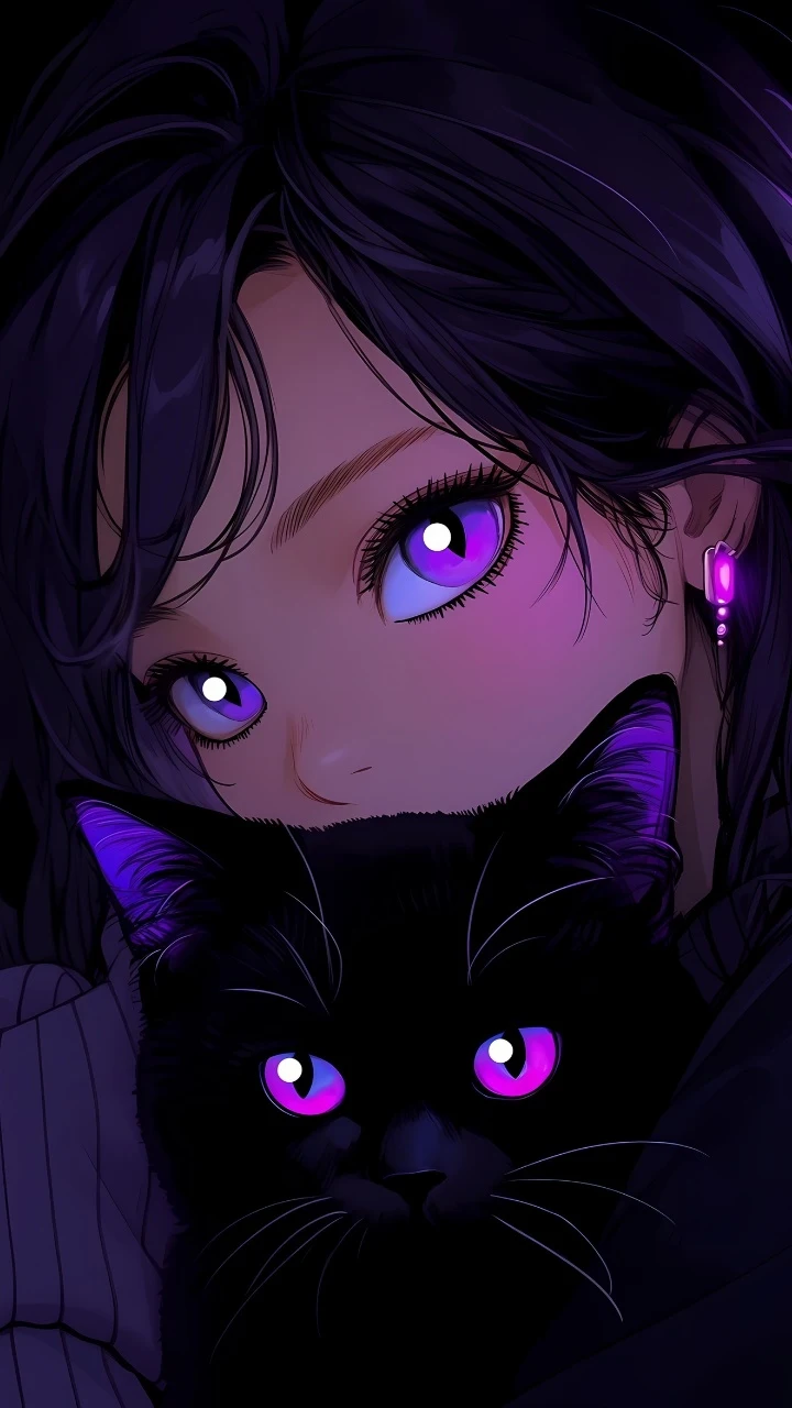 紫眸少女与黑猫暗紫霓虹氛围感二次元插画