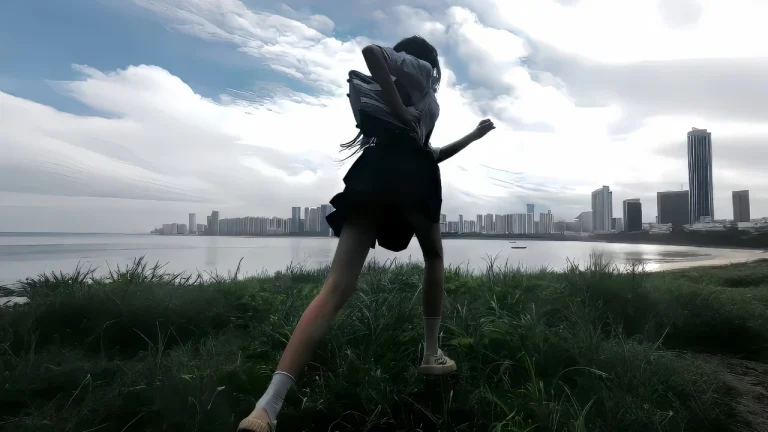 海边草地奔跑JK少女城市海岸线氛围感二次元插画