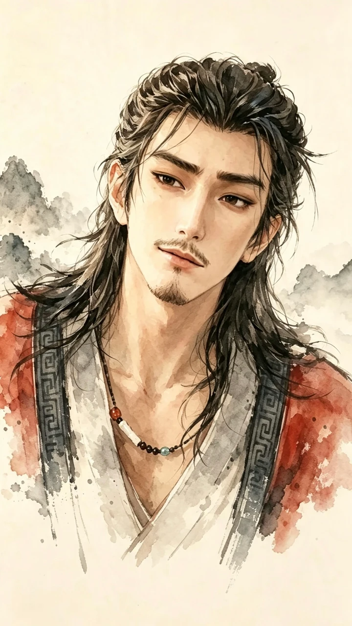 八仙钟离权佩戴珠串红袍浅墨山水氛围感原画
