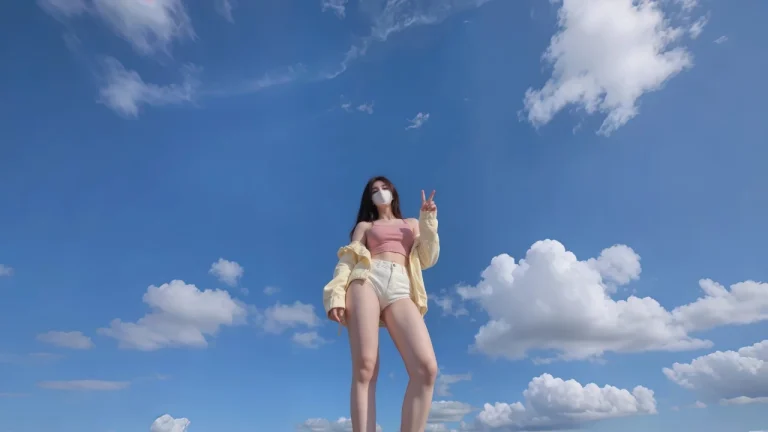 仰拍视角口罩少女蓝天白云清爽夏日人像画面