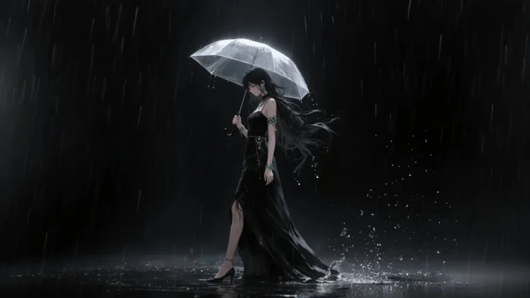 雨夜撑透明雨伞黑裙长发少女冷调氛围感