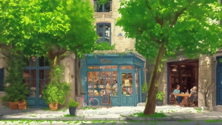 夏日绿树街角蓝色面包店治愈动画街景