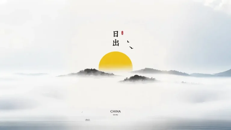 新中式水墨云海日出飞鸟孤舟国风