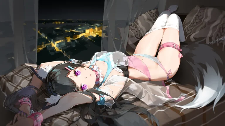 暗夜都市窗边狐耳少女慵懒魅惑二次元插画4K电脑壁纸