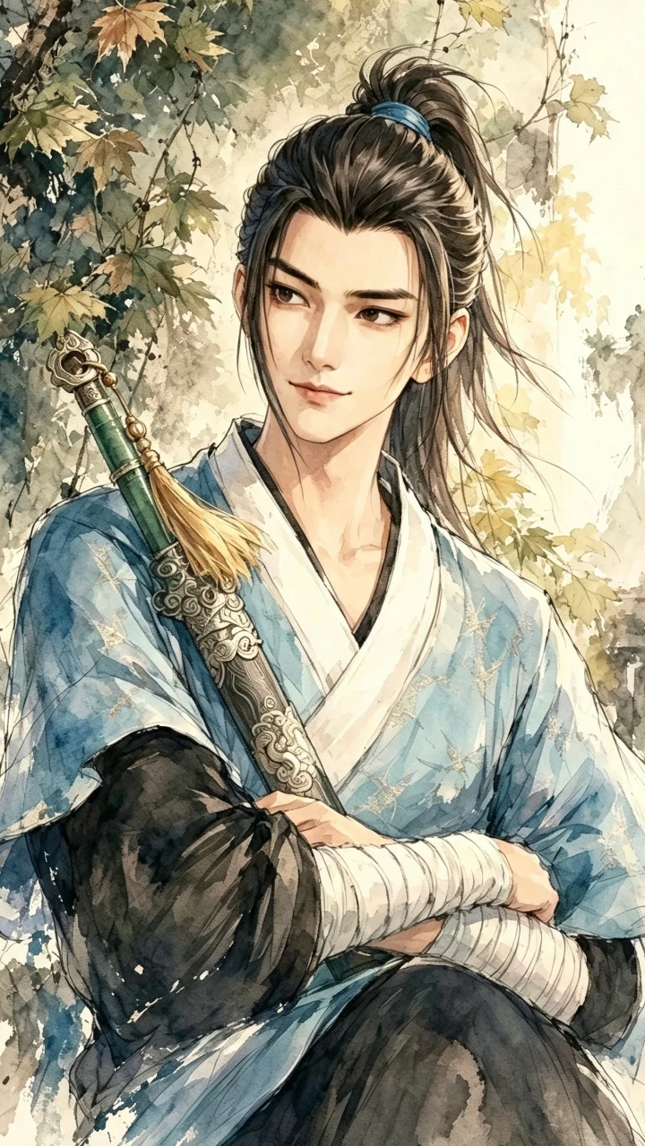 八仙吕洞宾蓝发带束发抱臂佩剑林间淡彩肖像