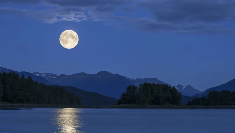 月夜湖面满月山林远山静谧自然风光摄影