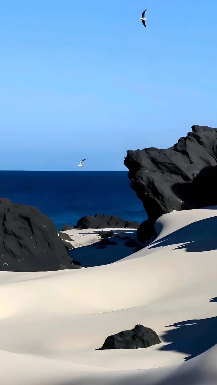 白沙黑岩碧海海鸥简约清新海边风景