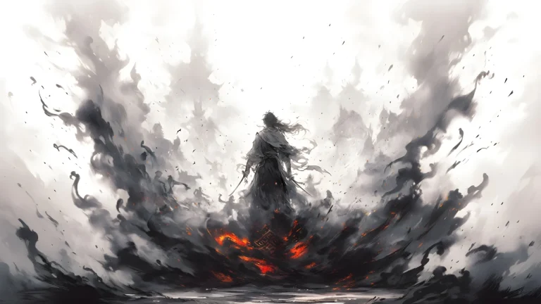 黑白水墨孤影侠客烈焰狼烟大气武侠场景