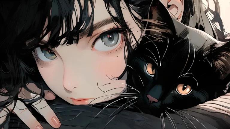 黑发少女与黑猫近距离特写温柔日系二次元插画