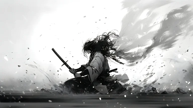 黑白水墨武士跪坐握刀水面泼墨霸气