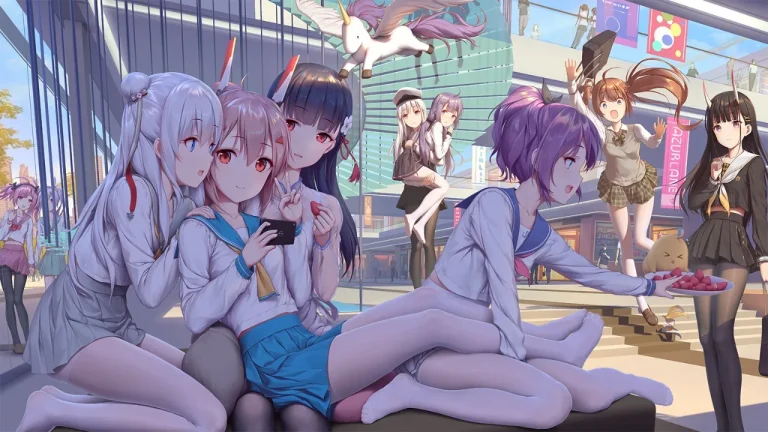 商场成群少女欢聚热闹二次元群像插画4K电脑壁纸