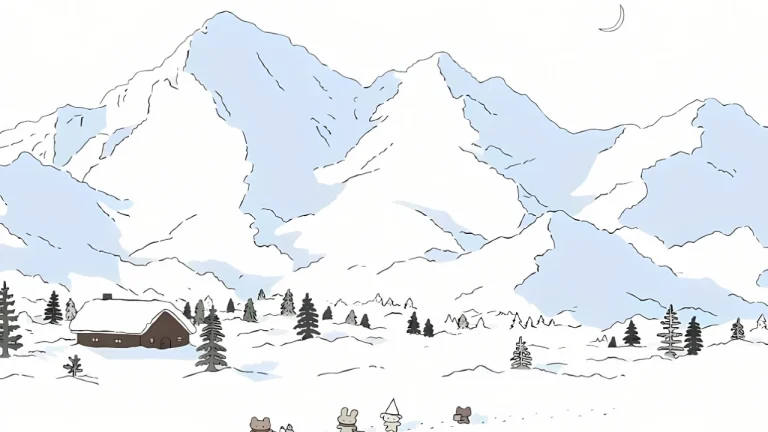 极简手绘淡蓝雪山森林木屋治愈风
