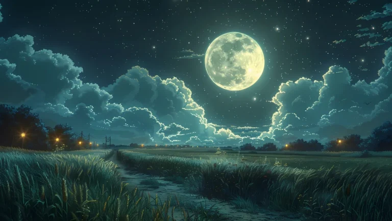 月夜旷野乡间小路满月星空治愈动漫风景