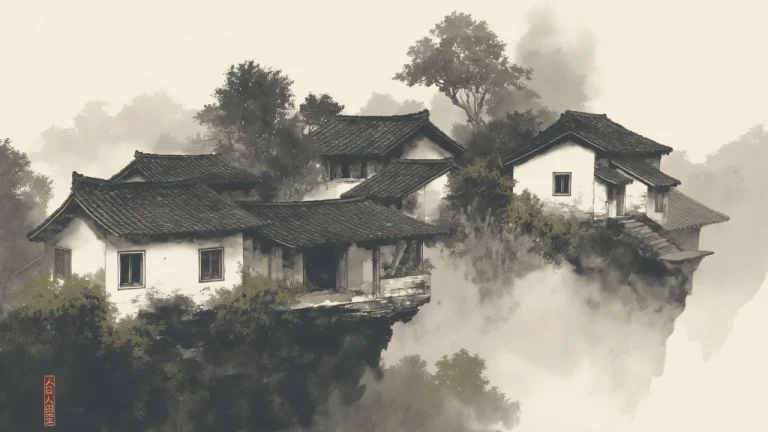水墨云烟山间古村徽派建筑意境悠远