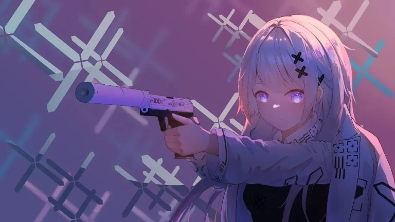 紫调赛博少女持枪酷感二次元人物插画4K电脑壁纸