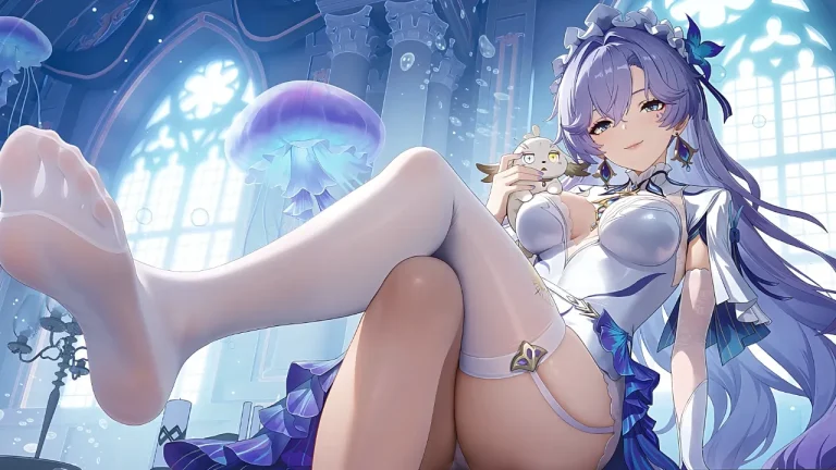 紫发少女水母幽蓝古堡精致游戏角色插画4K电脑壁纸