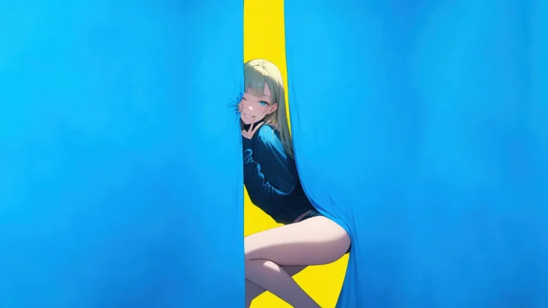 蓝黄撞色俏皮少女趣味创意二次元插画4K电脑壁纸