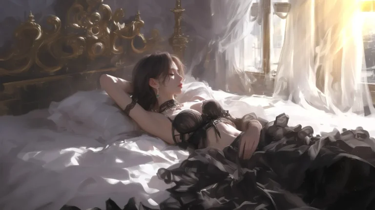 欧式卧室暖阳慵懒少女氛围感艺术插画4K电脑壁纸