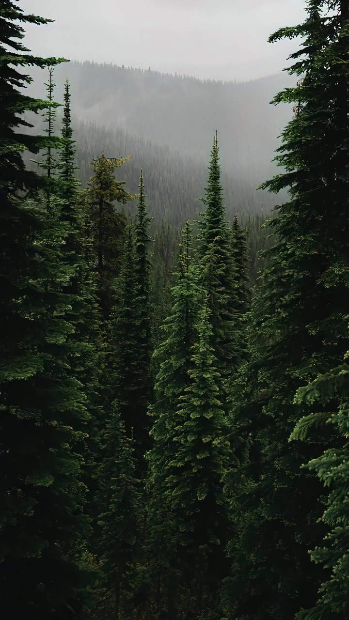 晨雾墨绿色针叶林静谧深邃森系风景