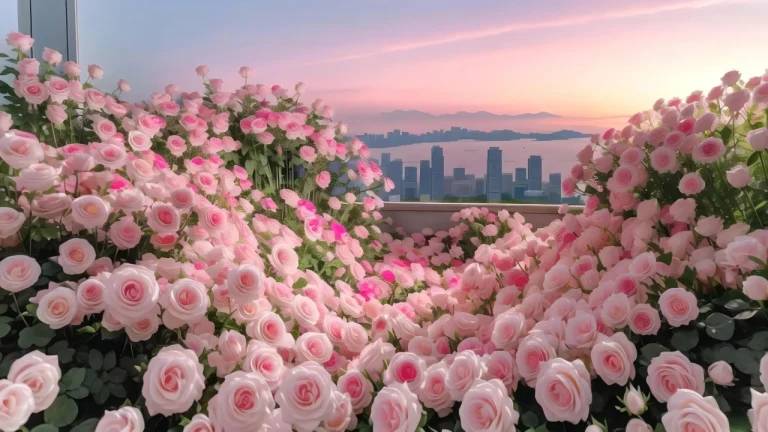 粉色玫瑰花海城市日落晚霞浪漫治愈