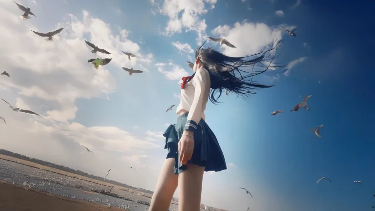 海边JK少女迎风飞鸟治愈氛围感