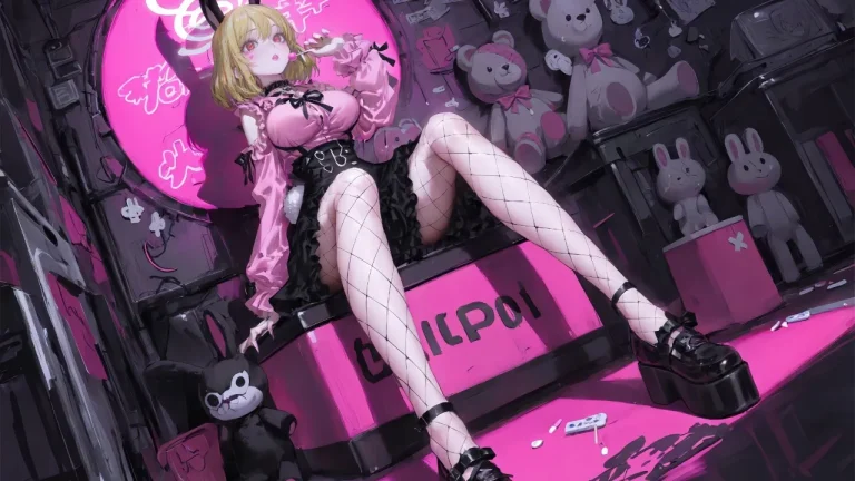 甜酷兔耳少女粉黑潮酷二次元人物插画4K电脑壁纸
