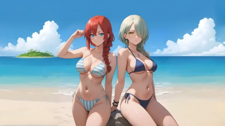 碧海沙滩二次元少女海边夏日氛围感插画4K电脑壁纸