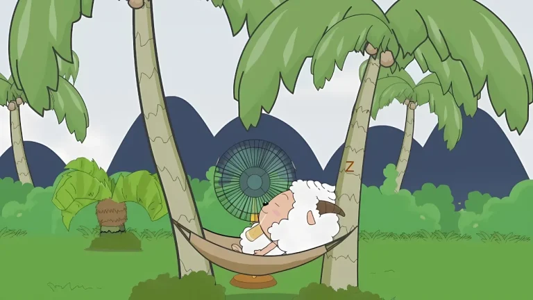 懒羊羊椰林吊床惬意休憩夏日动漫插画4K电脑壁纸