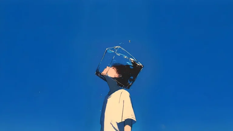 澄澈蓝天白衣男生头顶水方块孤独感日系绘画