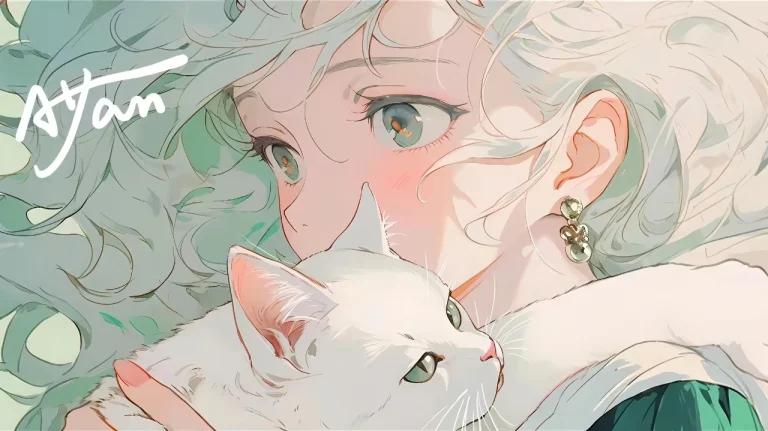浅绿卷发少女与白猫清新日系二次元插画