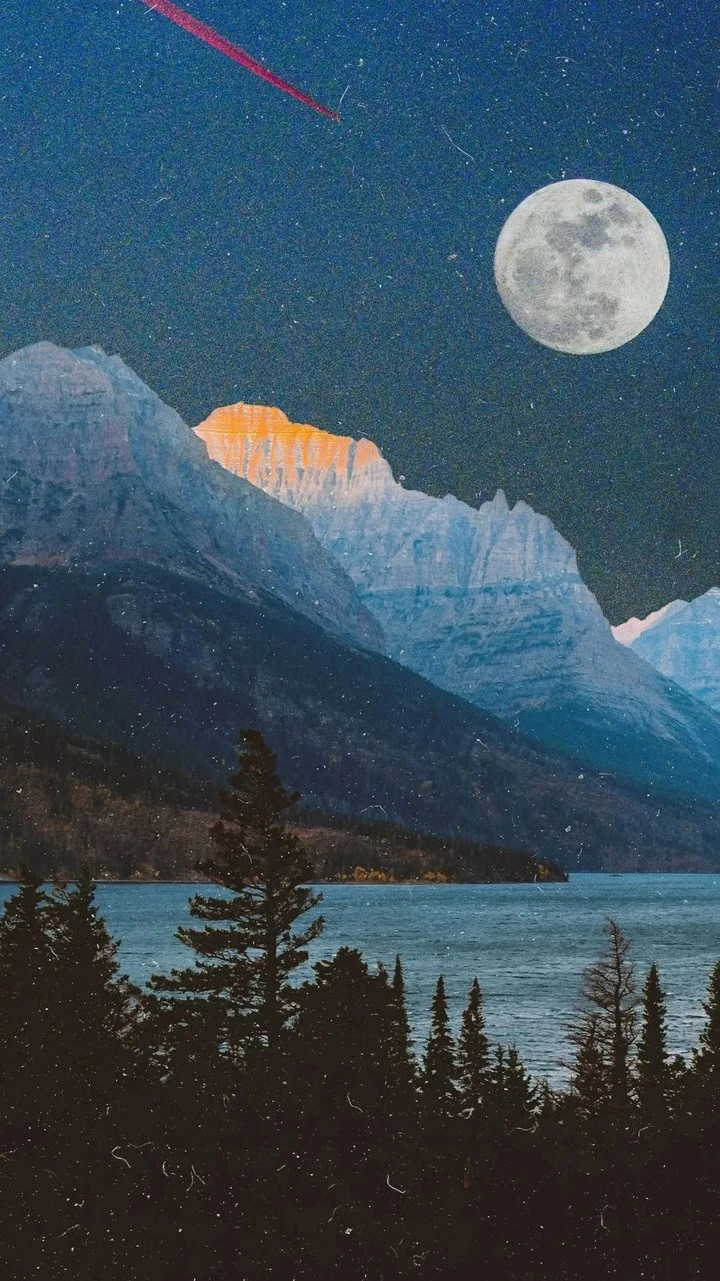 满月流星雪山湖泊森林复古静谧自然风光