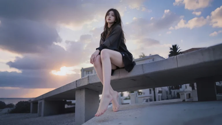 清冷风黄昏海边落日少女随性光影