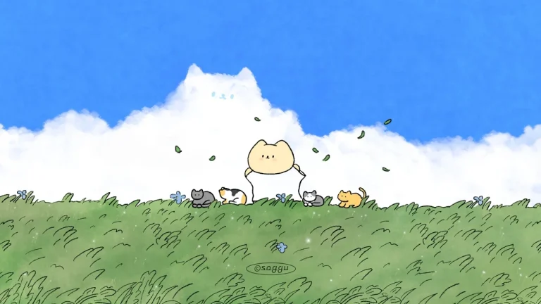 青草地卡通猫咪猫形云朵清新治愈插画