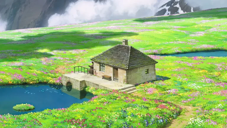 宫崎骏风山间花海小屋治愈田园风景4K电脑壁纸