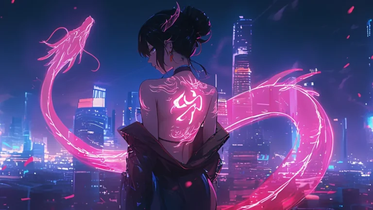 赛博都市霓虹龙纹国风少女炫酷夜景插画4K电脑壁纸