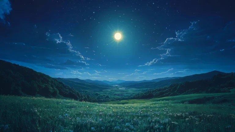 唯美动漫风夜空明月下静谧山谷