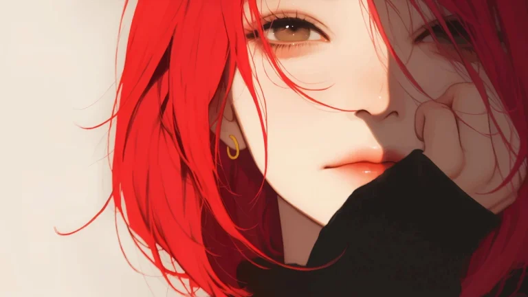 红短发清冷女生黑色上衣质感厚涂插画